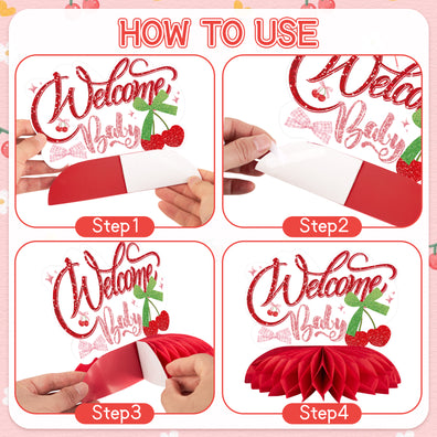 Cherry Party Decorations, Pink Bow and Cherry Honeycomb Centerpieces for Girls